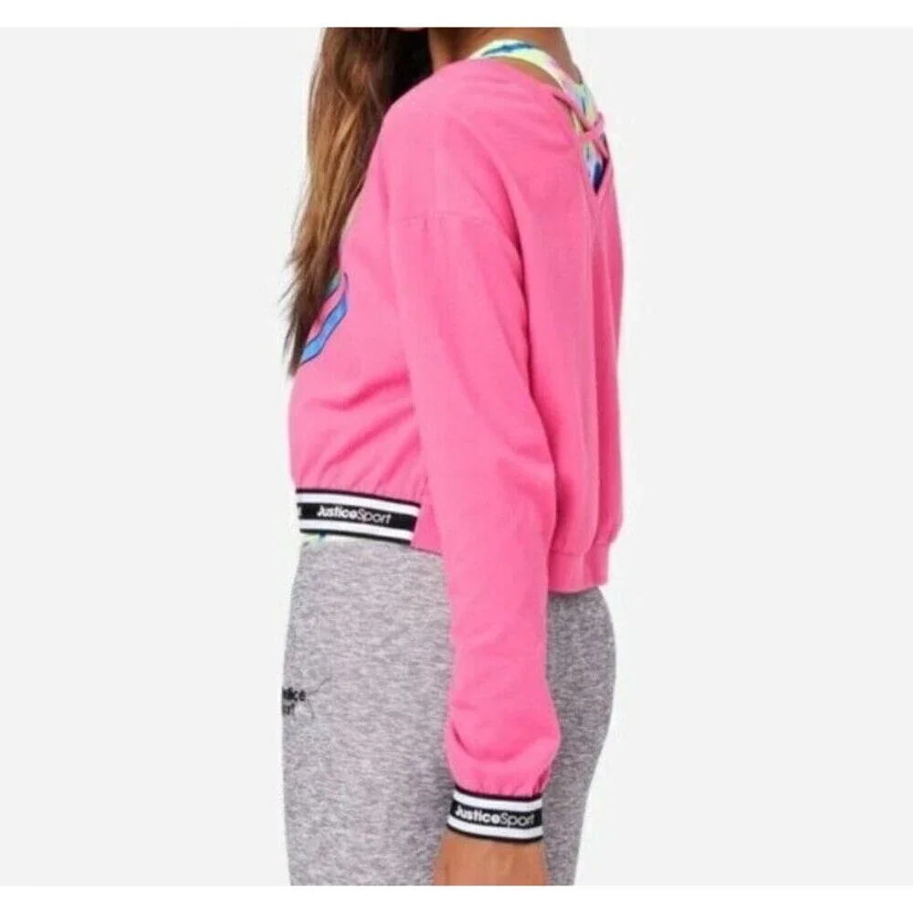 Justice Sweatshirt For Girls Pink Size XL Crop Logo Graphic with Tie Dye Bra